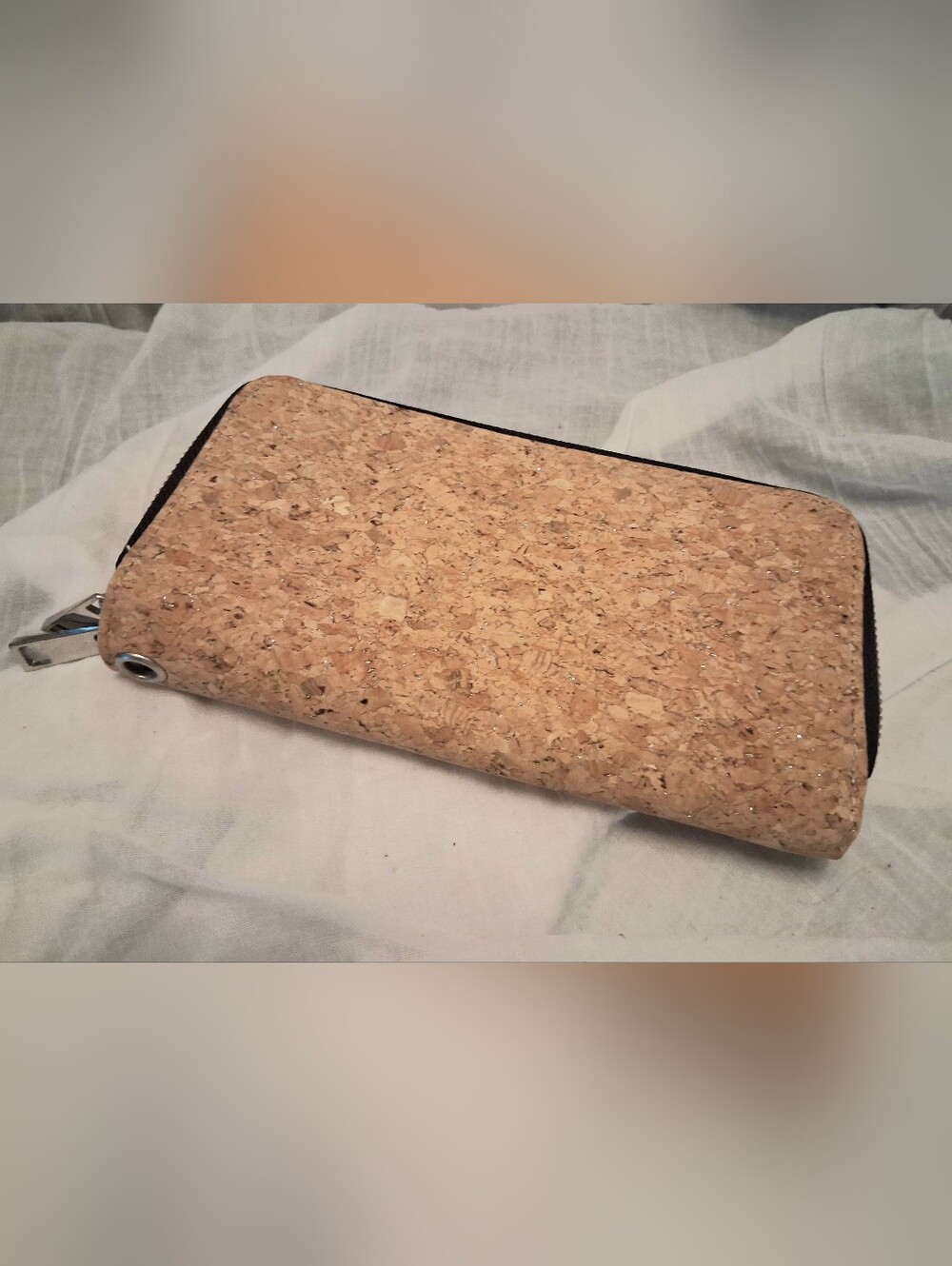Natural Cork Zip-Around Wallet with Black Trim